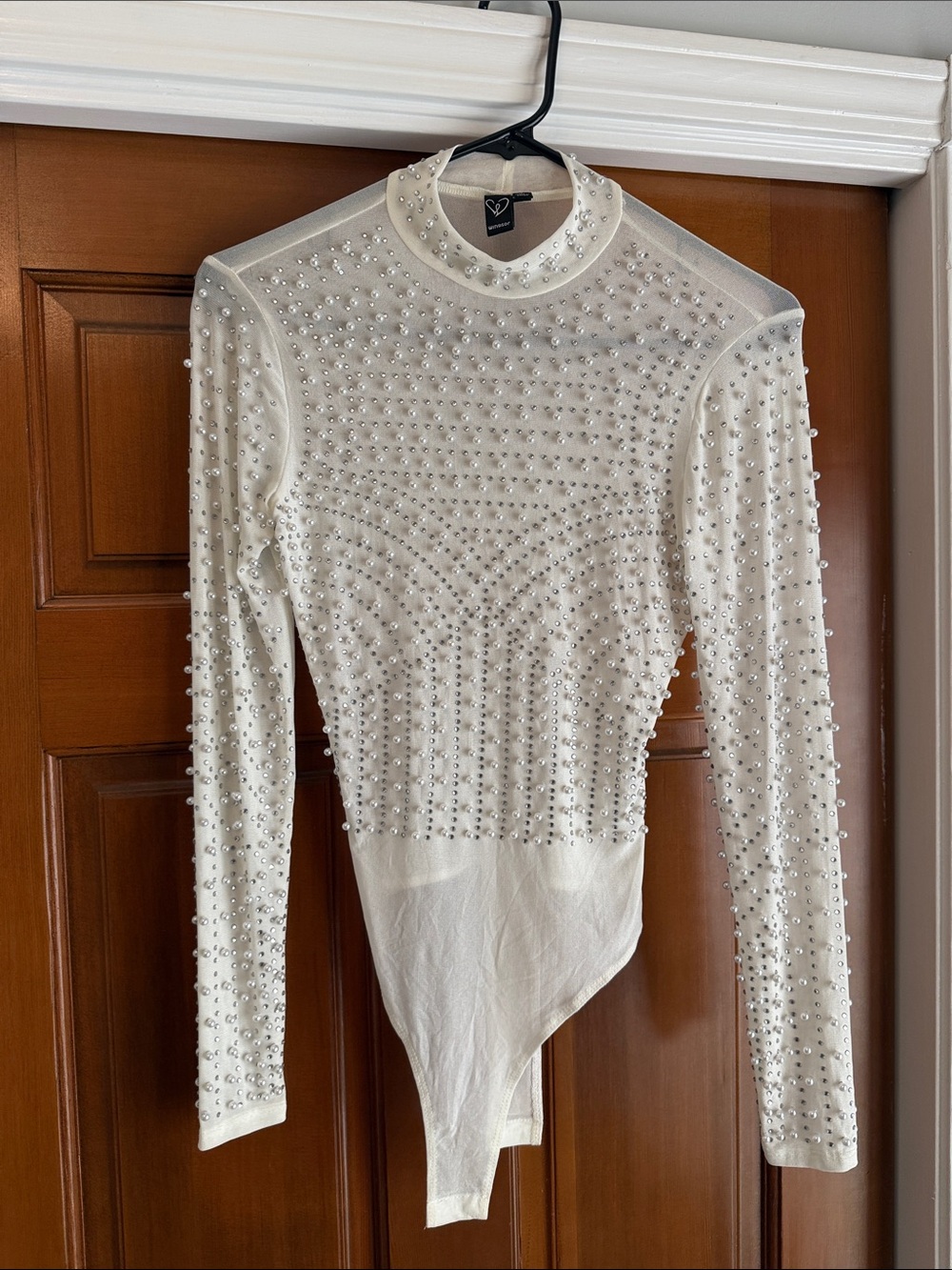 Windsor Ivory Beaded Long-Sleeve Mesh Bodysuit